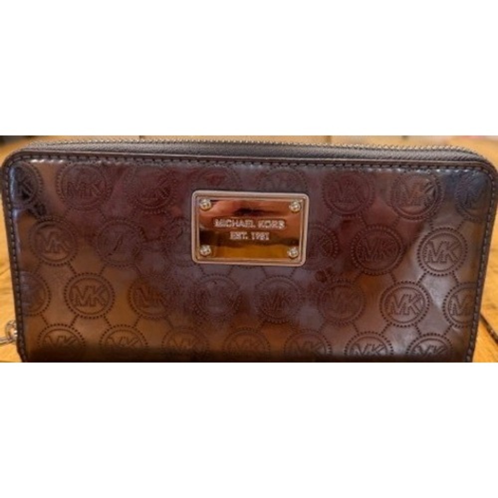 Michael Kors Women Bronze Patent Leather Embossed Monogram Zip Around Wallet
